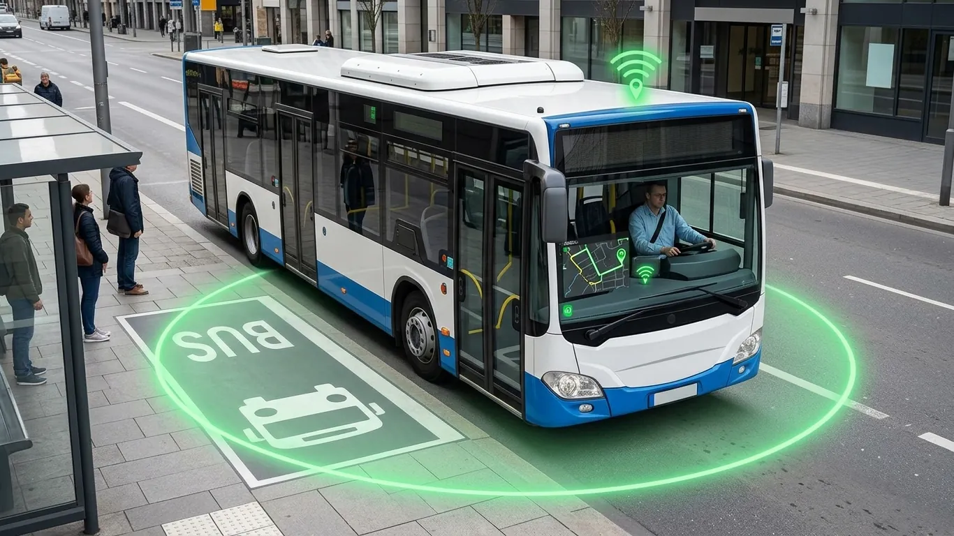 Autobús urbano entrando a una parada con geocerca activa
